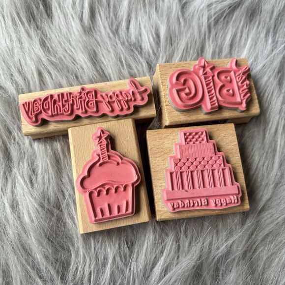 Lot Of 4 Wooden Rubber Stamps Happy Birthday Wish Big Cake Party Scrapbooking - Picture 3 of 4